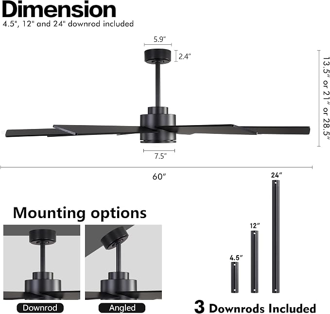 60" Large DC Ceiling Fans with Lights and Remote, 3 Downrods, 8 Plywood Blades, 6-Speeds Reversible DC Motor, 3CCT, Indoor