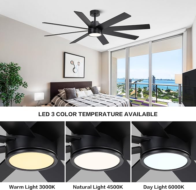 60" Large DC Ceiling Fans with Lights and Remote, 3 Downrods, 8 Plywood Blades, 6-Speeds Reversible DC Motor, 3CCT, Indoor