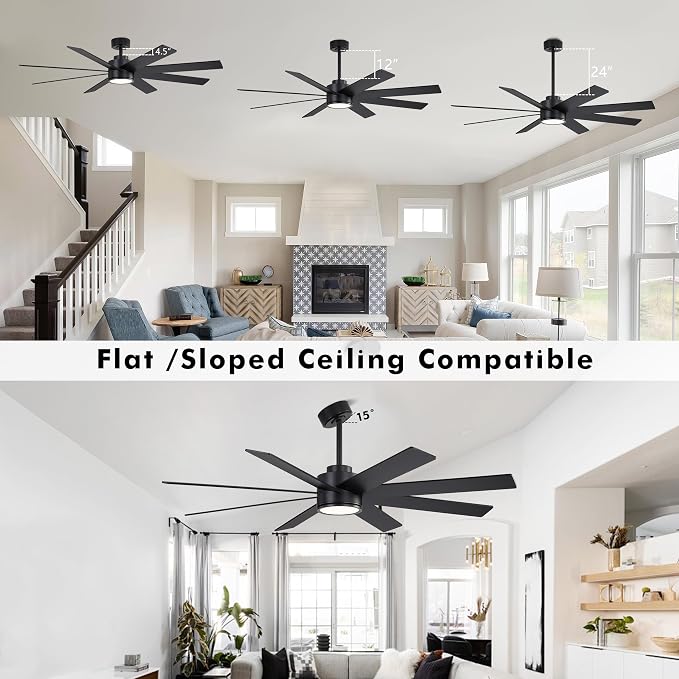 60" Large DC Ceiling Fans with Lights and Remote, 3 Downrods, 8 Plywood Blades, 6-Speeds Reversible DC Motor, 3CCT, Indoor
