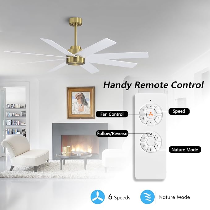 60" Large DC Ceiling Fans without Lights, 3 Downrods, 8 Plywood Blades, 6-Speeds Reversible DC Motor, Indoor Ceiling Fan No