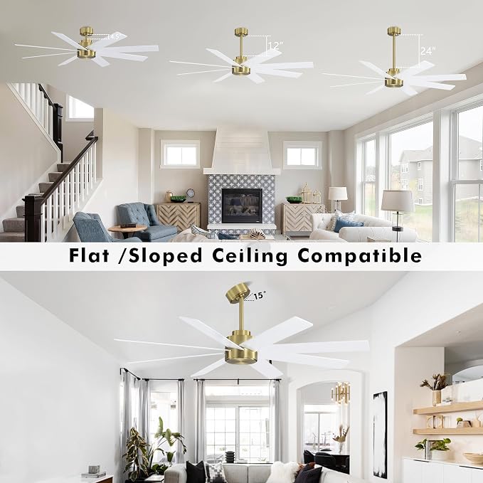 60" Large DC Ceiling Fans without Lights, 3 Downrods, 8 Plywood Blades, 6-Speeds Reversible DC Motor, Indoor Ceiling Fan No