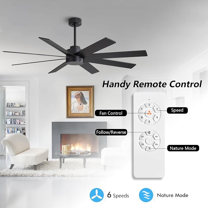 60" Large DC Ceiling Fans without Lights, 3 Downrods, 8 Plywood Blades, 6-Speeds Reversible DC Motor, Indoor Ceiling Fan No