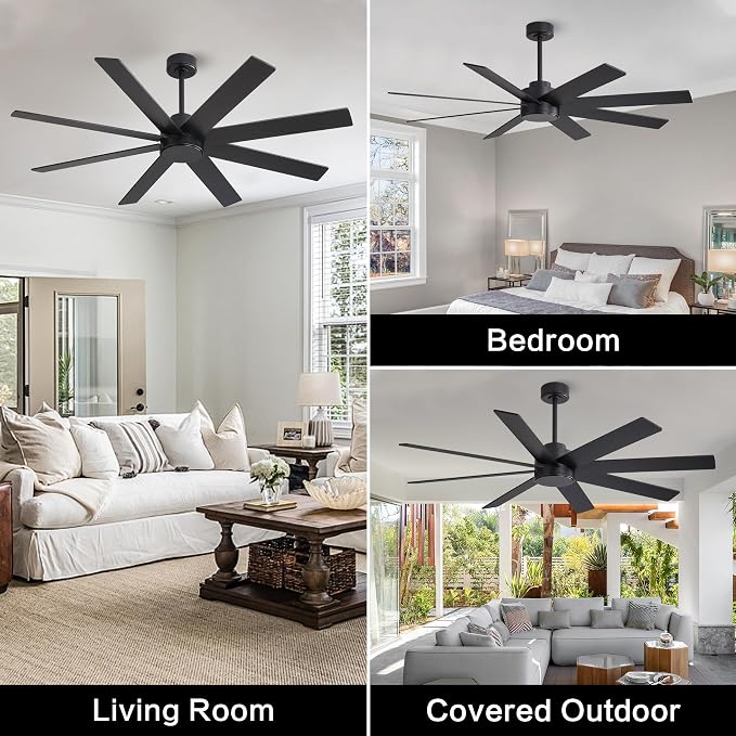 60" Large DC Ceiling Fans without Lights, 3 Downrods, 8 Plywood Blades, 6-Speeds Reversible DC Motor, Indoor Ceiling Fan No