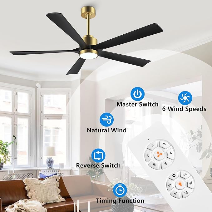 60" Modern Ceiling Fan with Light and Remote Control, 5 Solid Wood Blades 6-Speed Noiseless Reversible DC Motor, alternate