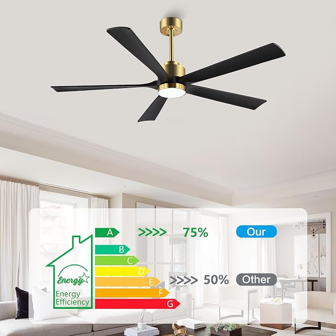 60" Modern Ceiling Fan with Light and Remote Control, 5 Solid Wood Blades 6-Speed Noiseless Reversible DC Motor, alternate