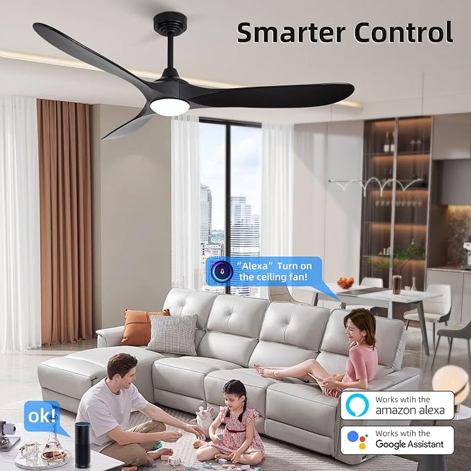 60” Outdoor Ceiling Fan with Light 3 Downrods, Smart Wood Ceiling Fan Compatible with Alexa/Google/App, 3 Blades Modern Black