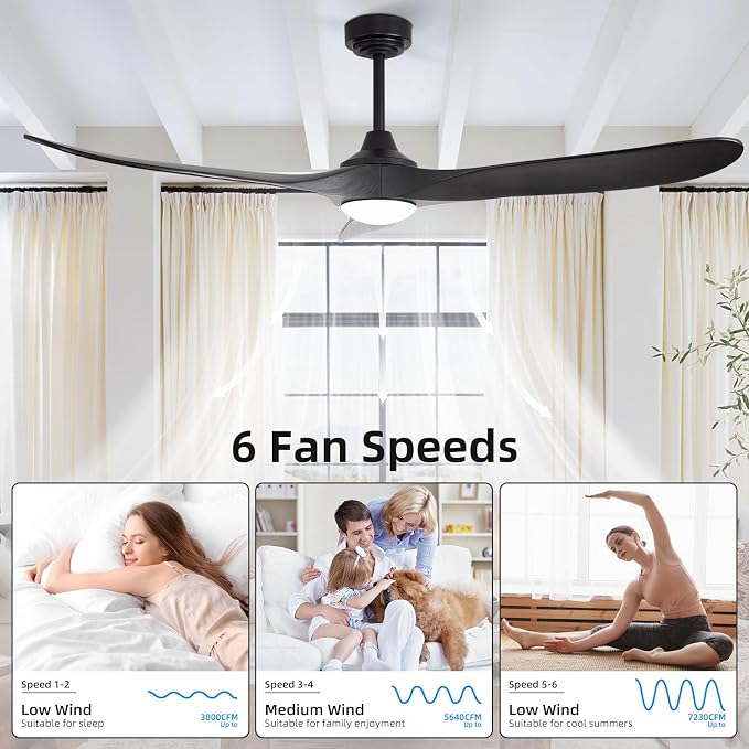 60” Outdoor Ceiling Fan with Light 3 Downrods, Smart Wood Ceiling Fan Compatible with Alexa/Google/App, 3 Blades Modern Black