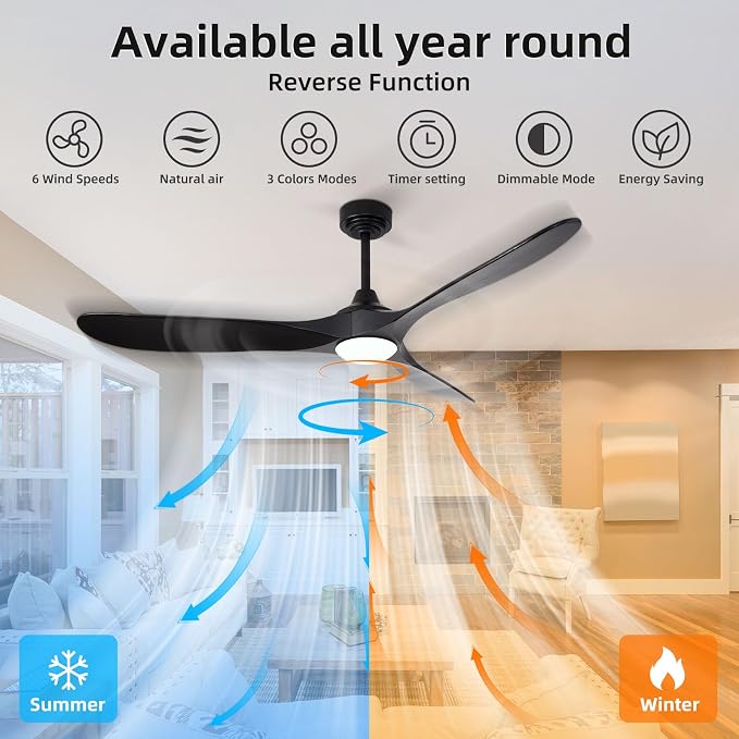 60” Outdoor Ceiling Fan with Light 3 Downrods, Smart Wood Ceiling Fan Compatible with Alexa/Google/App, 3 Blades Modern Black