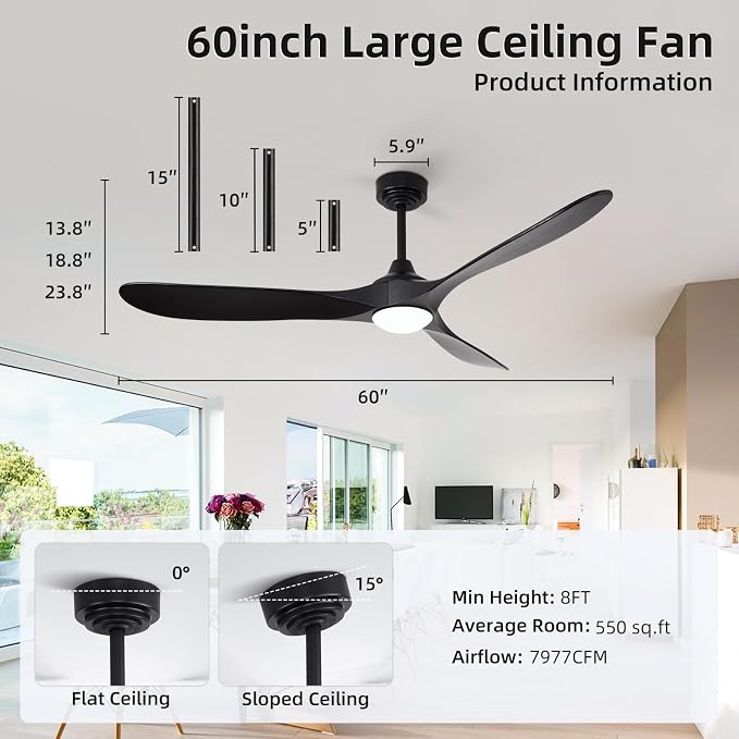 60” Outdoor Ceiling Fan with Light 3 Downrods, Smart Wood Ceiling Fan Compatible with Alexa/Google/App, 3 Blades Modern Black