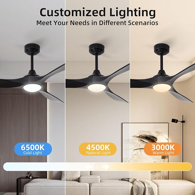 60” Outdoor Ceiling Fan with Light 3 Downrods, Smart Wood Ceiling Fan Compatible with Alexa/Google/App, 3 Blades Modern Black