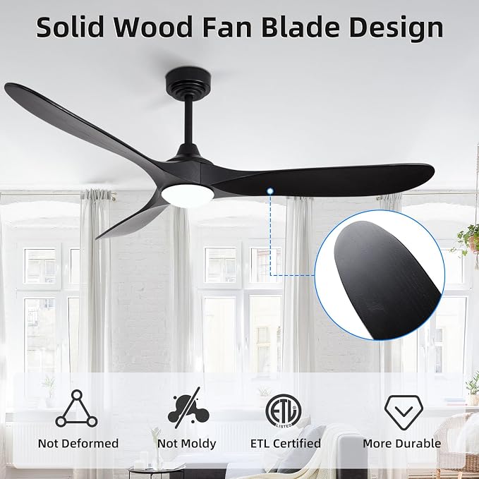 60” Outdoor Ceiling Fan with Light 3 Downrods, Smart Wood Ceiling Fan Compatible with Alexa/Google/App, 3 Blades Modern Black