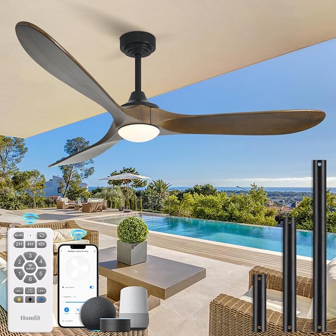 60” Outdoor Ceiling Fan with Light 3 Downrods, Smart Wood Ceiling Fan Compatible with Alexa/Google/App, 3 Blades Modern