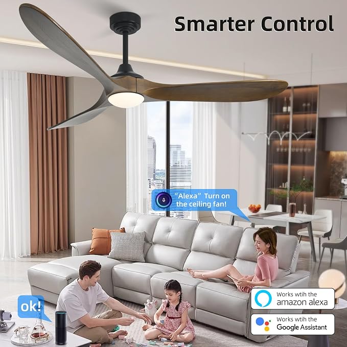 60” Outdoor Ceiling Fan with Light 3 Downrods, Smart Wood Ceiling Fan Compatible with Alexa/Google/App, 3 Blades Modern