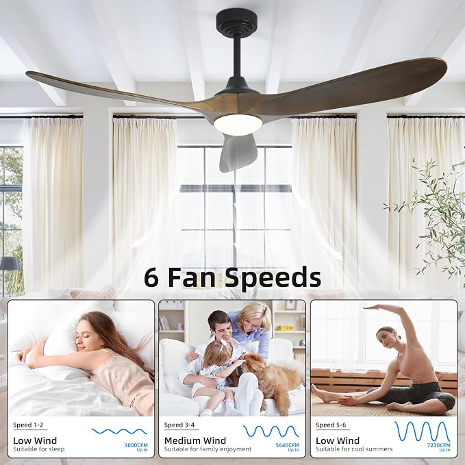 60” Outdoor Ceiling Fan with Light 3 Downrods, Smart Wood Ceiling Fan Compatible with Alexa/Google/App, 3 Blades Modern