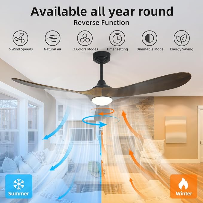 60” Outdoor Ceiling Fan with Light 3 Downrods, Smart Wood Ceiling Fan Compatible with Alexa/Google/App, 3 Blades Modern