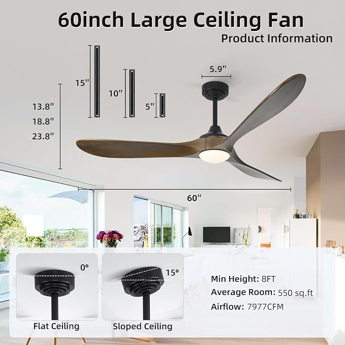 60” Outdoor Ceiling Fan with Light 3 Downrods, Smart Wood Ceiling Fan Compatible with Alexa/Google/App, 3 Blades Modern