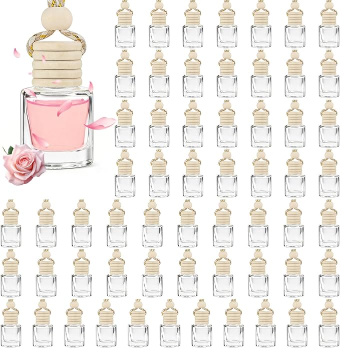 60 Pcs car Diffuser Bottle Set with Wooden Caps,Dropper and Funnel, Empty Glass car air freshener Bottle Bulk Hanging