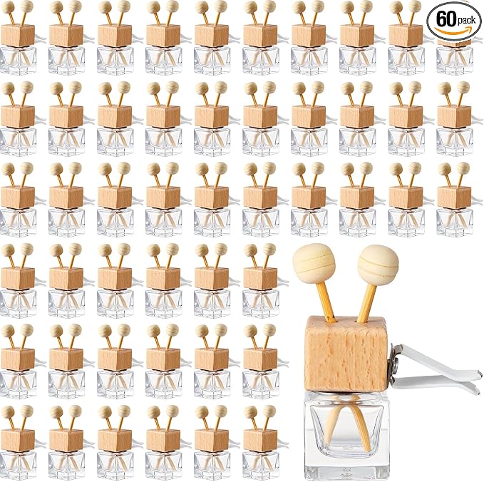 60 Pcs Car Diffuser Bottles Empty Bulk Vent Clip Car Air Freshener Diffuser for Essential Oil Perfume Glass Bottle with