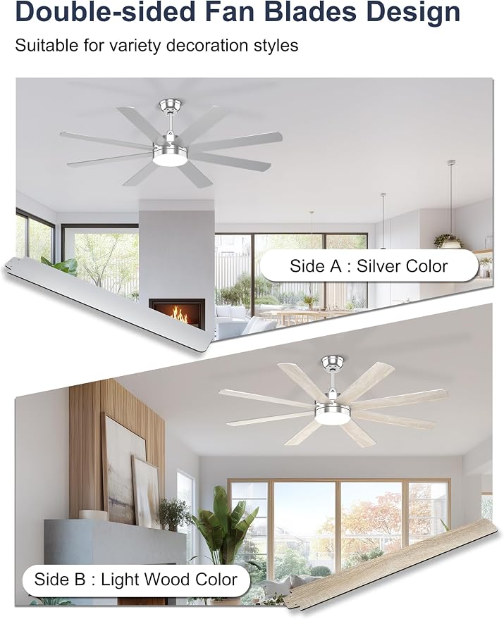 60'' Silver Ceiling Fans with Lights - 8 Blades Ceiling Fan Remote/APP Control, Dimmable, Silent DC Motor Ceiling Fan for