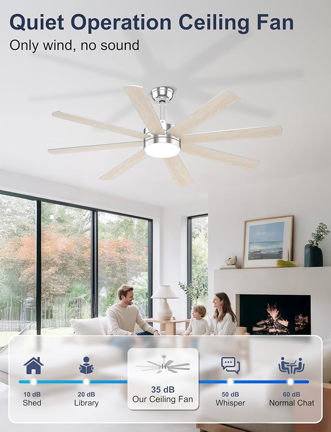 60'' Silver Ceiling Fans with Lights - 8 Blades Ceiling Fan Remote/APP Control, Dimmable, Silent DC Motor Ceiling Fan for