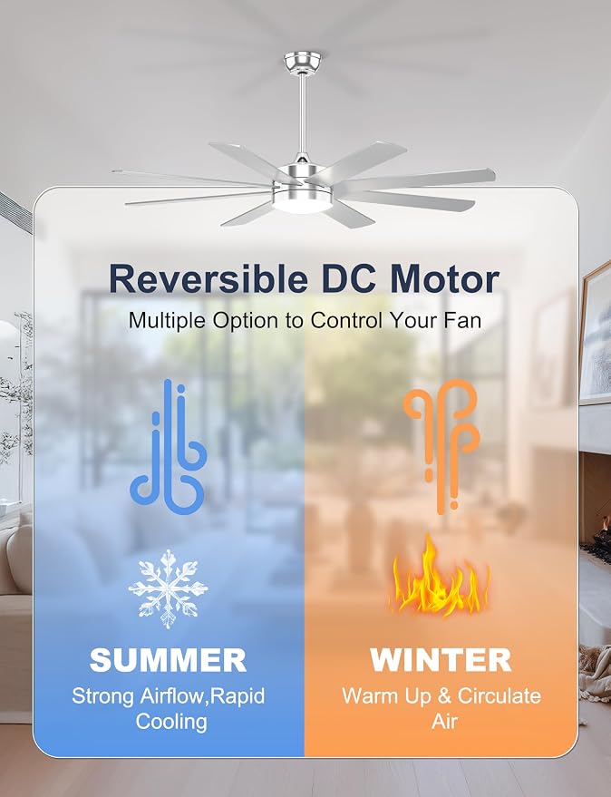 60'' Silver Ceiling Fans with Lights - 8 Blades Ceiling Fan Remote/APP Control, Dimmable, Silent DC Motor Ceiling Fan for