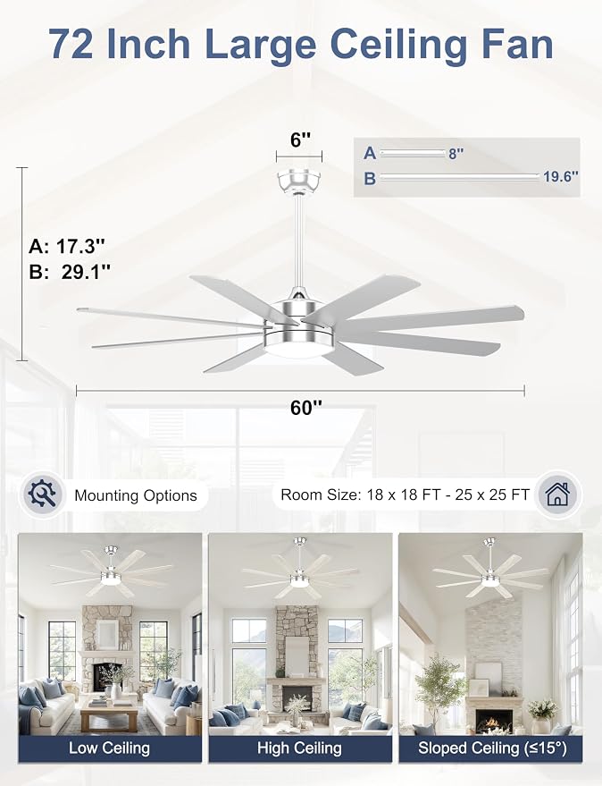 60'' Silver Ceiling Fans with Lights - 8 Blades Ceiling Fan Remote/APP Control, Dimmable, Silent DC Motor Ceiling Fan for