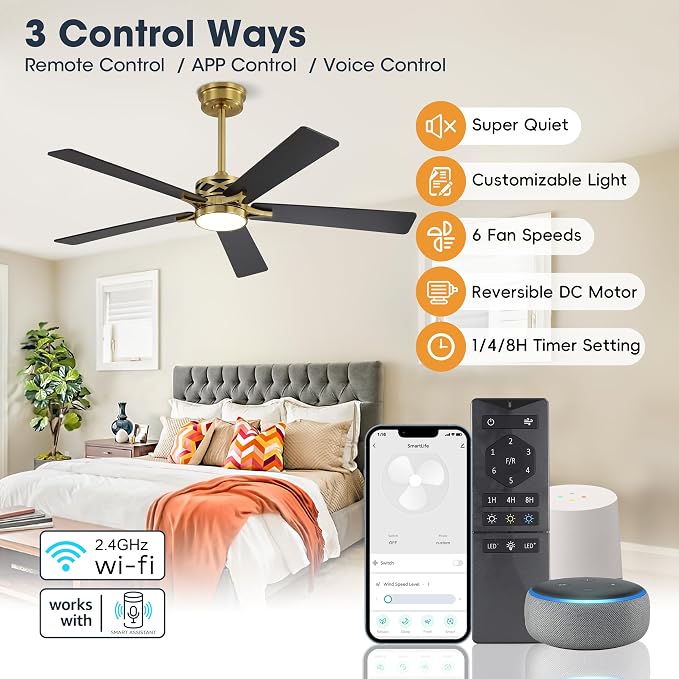 60" Smart Ceiling Fan with Lights and 3 Downrods, 5 Plywood Blades, 6 Speeds Reversible DC Motor, Works with Alexa and Google