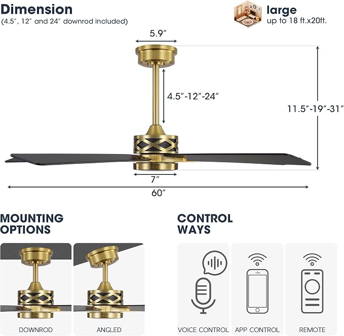 60" Smart Ceiling Fan with Lights and 3 Downrods, 5 Plywood Blades, 6 Speeds Reversible DC Motor, Works with Alexa and Google
