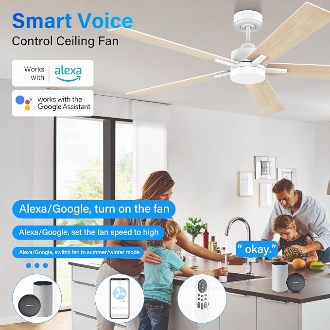 60” Smart Ceiling Fan with Lights Remote,Control via Alexa Google Voice App Wifi,Silent DC Motor,Dimmable,Outdoor Indoor