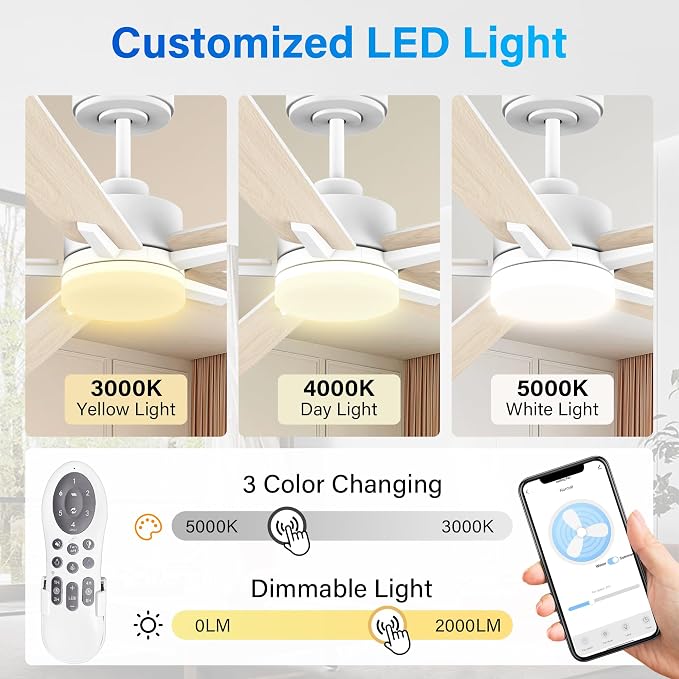 60” Smart Ceiling Fan with Lights Remote,Control via Alexa Google Voice App Wifi,Silent DC Motor,Dimmable,Outdoor Indoor