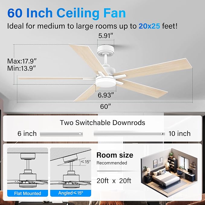 60” Smart Ceiling Fan with Lights Remote,Control via Alexa Google Voice App Wifi,Silent DC Motor,Dimmable,Outdoor Indoor