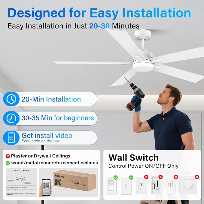 60” Smart Ceiling Fan with Lights Remote,Control via Alexa Google Voice App Wifi,Silent DC Motor,Dimmable,Outdoor Indoor