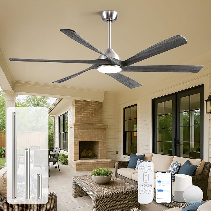 60" Smart Outdoor Ceiling Fan with Light - Modern Gray Wood Blades, Quiet DC Motor, High CFM, Compatible with Alexa, Google