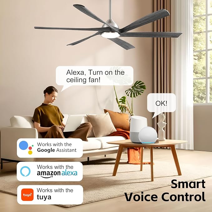 60" Smart Outdoor Ceiling Fan with Light - Modern Gray Wood Blades, Quiet DC Motor, High CFM, Compatible with Alexa, Google