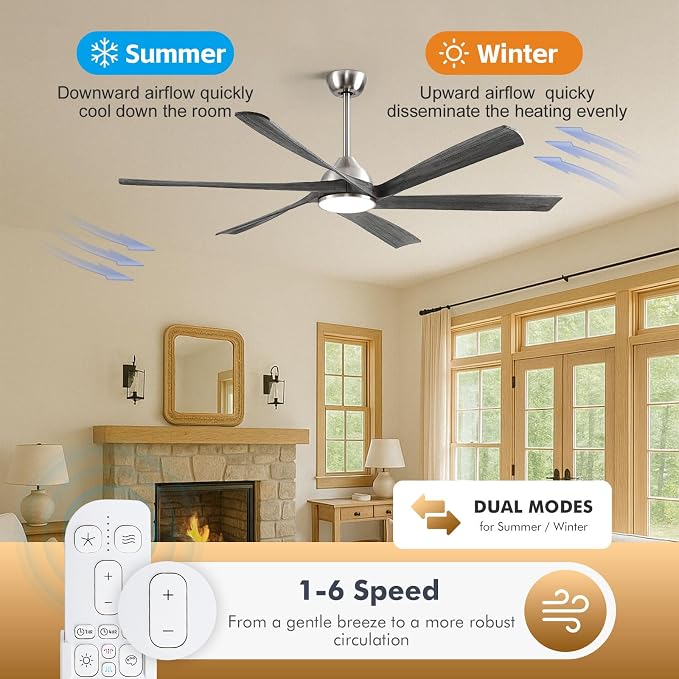 60" Smart Outdoor Ceiling Fan with Light - Modern Gray Wood Blades, Quiet DC Motor, High CFM, Compatible with Alexa, Google
