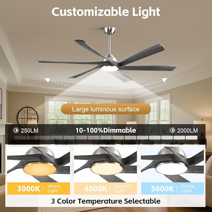 60" Smart Outdoor Ceiling Fan with Light - Modern Gray Wood Blades, Quiet DC Motor, High CFM, Compatible with Alexa, Google
