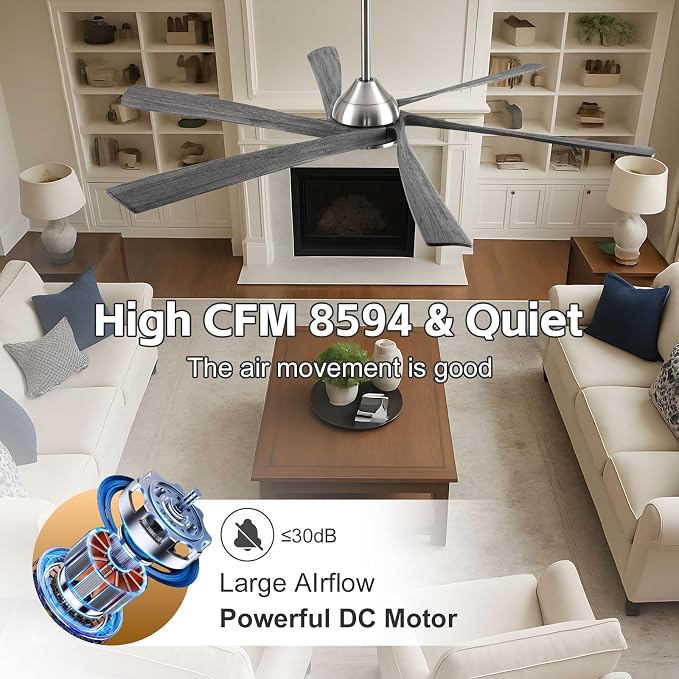 60" Smart Outdoor Ceiling Fan with Light - Modern Gray Wood Blades, Quiet DC Motor, High CFM, Compatible with Alexa, Google