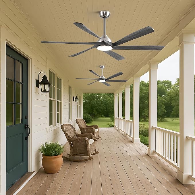 60" Smart Outdoor Ceiling Fan with Light - Modern Gray Wood Blades, Quiet DC Motor, High CFM, Compatible with Alexa, Google
