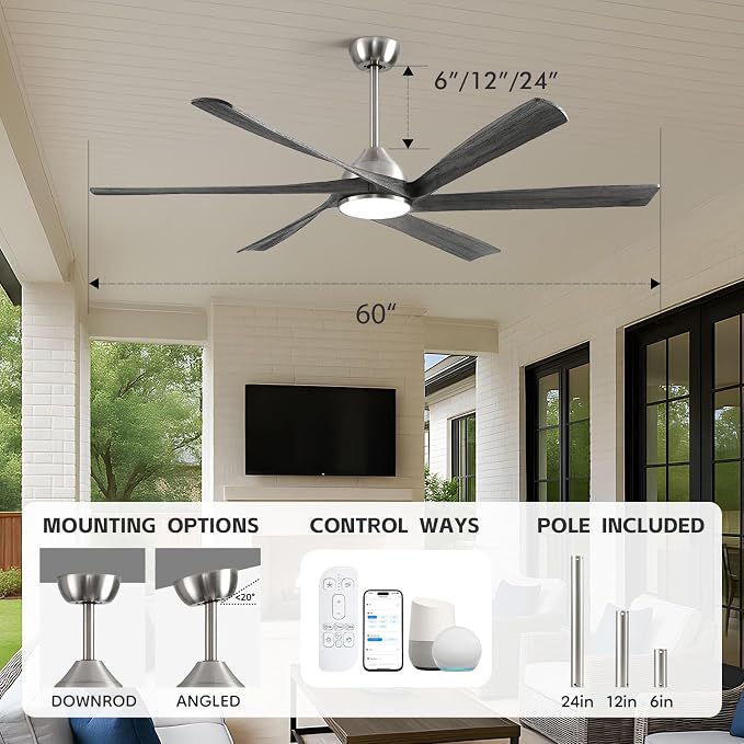 60" Smart Outdoor Ceiling Fan with Light - Modern Gray Wood Blades, Quiet DC Motor, High CFM, Compatible with Alexa, Google