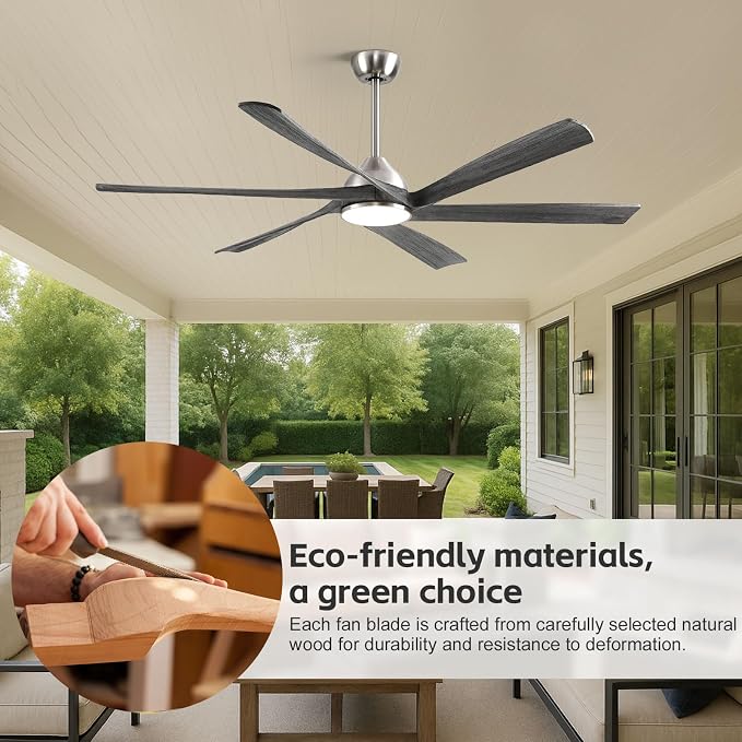 60" Smart Outdoor Ceiling Fan with Light - Modern Gray Wood Blades, Quiet DC Motor, High CFM, Compatible with Alexa, Google