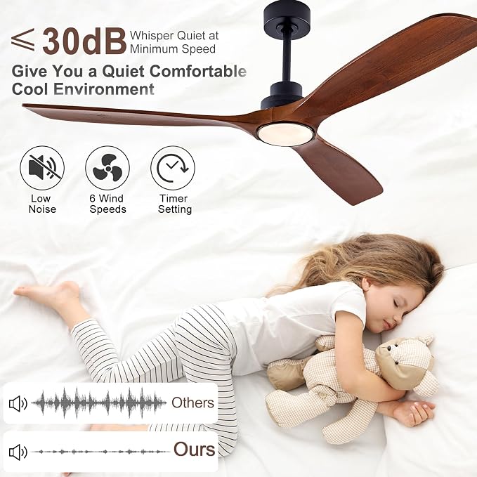60" Wood Ceiling Fan with Lights Remote Control,Quiet DC Motor 3 Blade Ceiling Fans for Patio Living Room, Bedroom