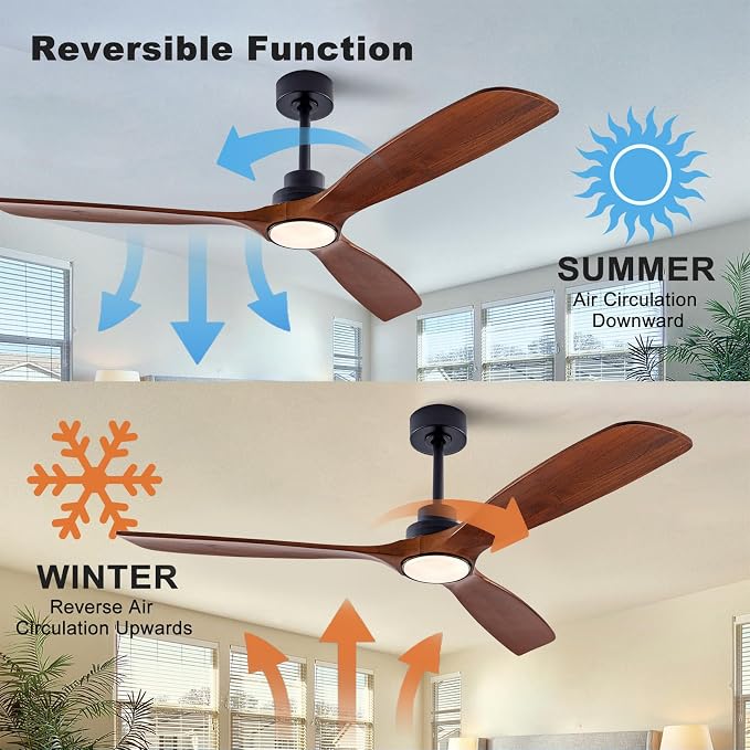 60" Wood Ceiling Fan with Lights Remote Control,Quiet DC Motor 3 Blade Ceiling Fans for Patio Living Room, Bedroom