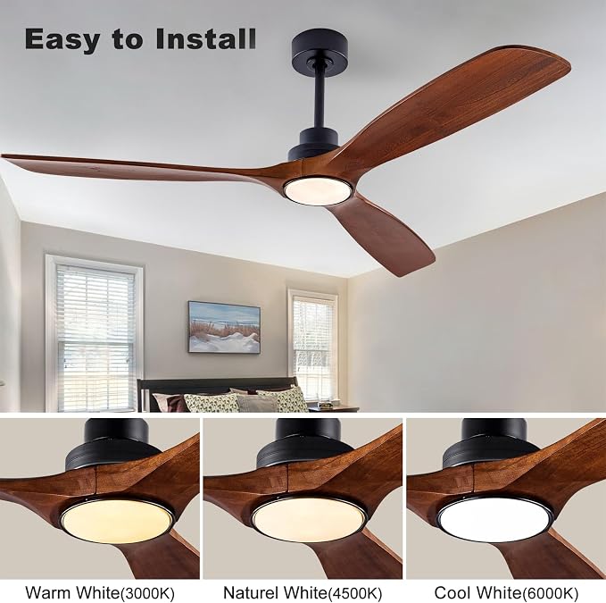 60" Wood Ceiling Fan with Lights Remote Control,Quiet DC Motor 3 Blade Ceiling Fans for Patio Living Room, Bedroom