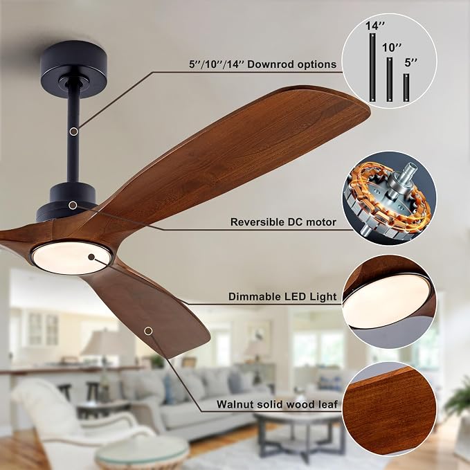 60" Wood Ceiling Fan with Lights Remote Control,Quiet DC Motor 3 Blade Ceiling Fans for Patio Living Room, Bedroom