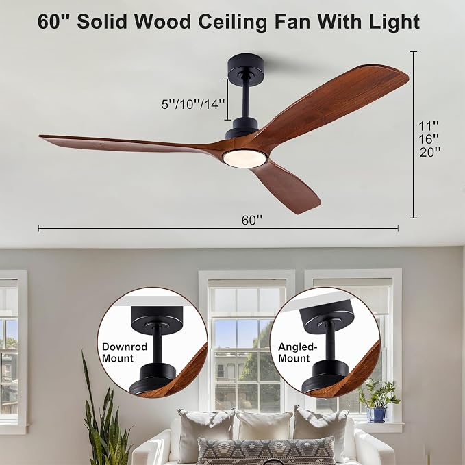 60" Wood Ceiling Fan with Lights Remote Control,Quiet DC Motor 3 Blade Ceiling Fans for Patio Living Room, Bedroom