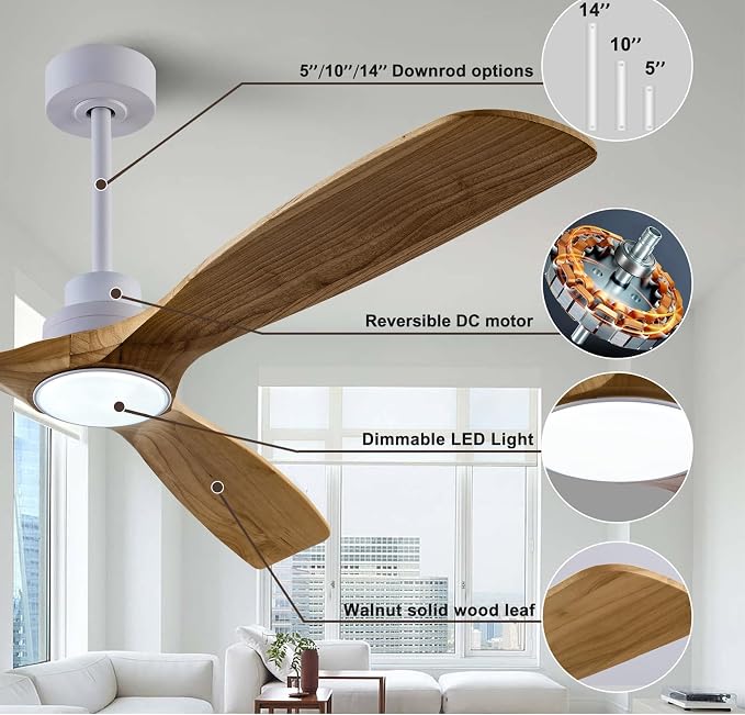 60" Wood Ceiling Fan with Lights Remote Control,Quiet DC Motor 3 Blade Ceiling Fans for Patio Living Room, Bedroom