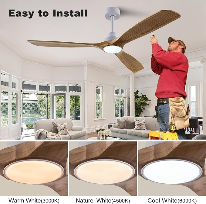 60" Wood Ceiling Fan with Lights Remote Control,Quiet DC Motor 3 Blade Ceiling Fans for Patio Living Room, Bedroom
