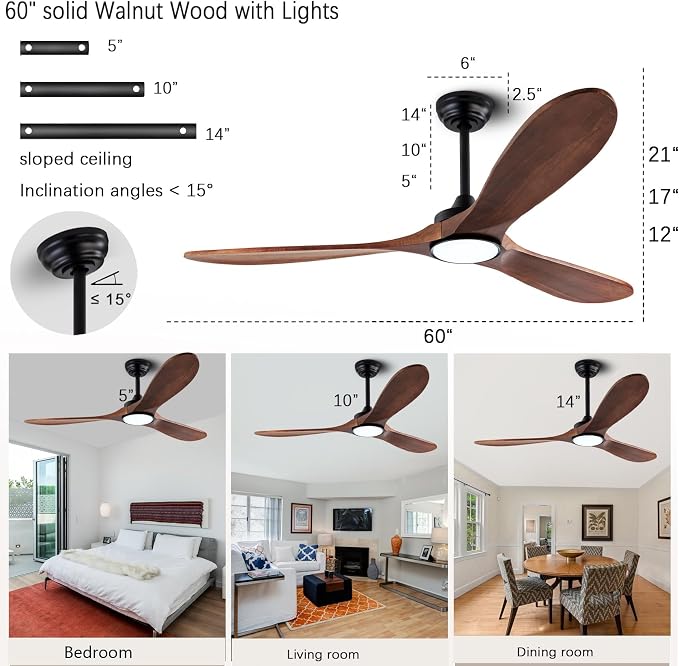 60" Wood Ceiling Fans with Lights and Remote Control,Indoor Outdoor 3 Blades Wooden Ceiling Fan for Garage,Patio,Living