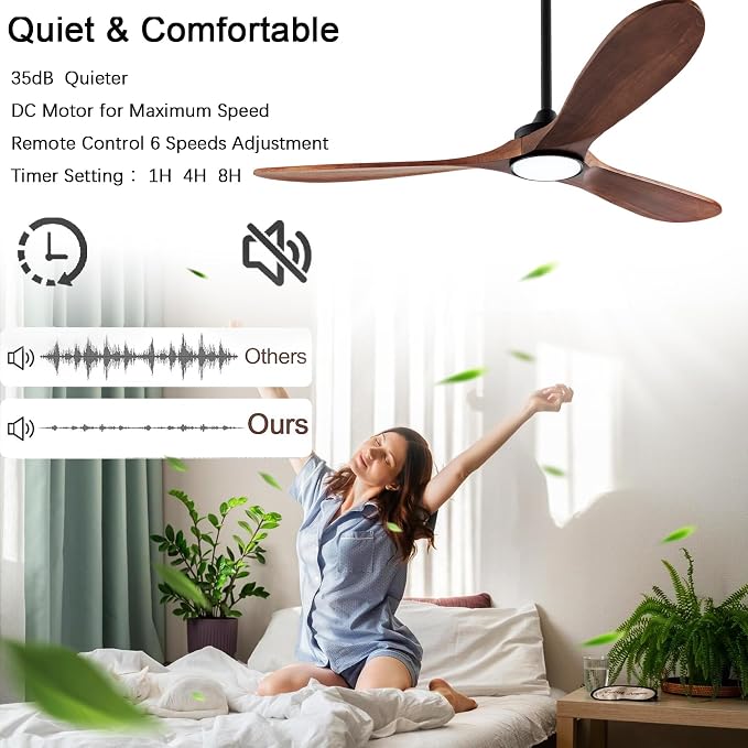 60" Wood Ceiling Fans with Lights and Remote Control,Indoor Outdoor 3 Blades Wooden Ceiling Fan for Garage,Patio,Living