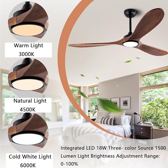 60" Wood Ceiling Fans with Lights and Remote Control,Indoor Outdoor 3 Blades Wooden Ceiling Fan for Garage,Patio,Living